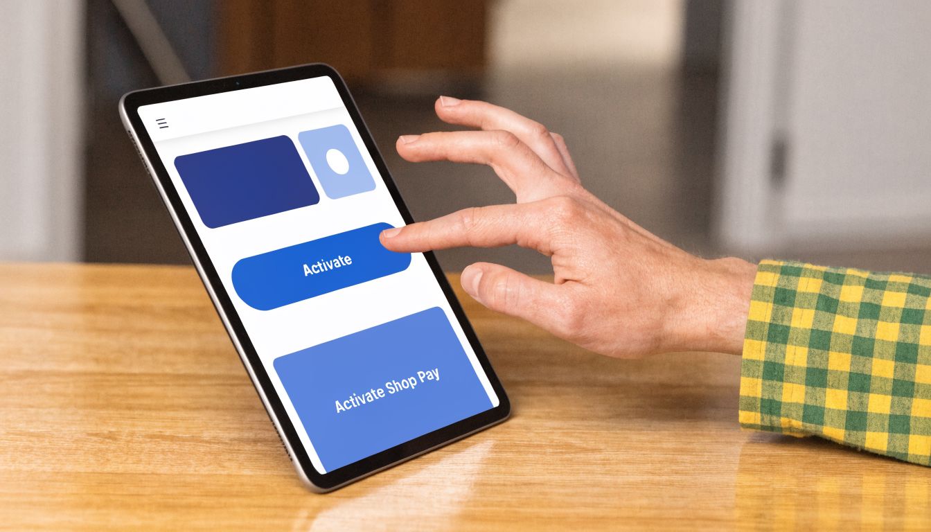 A person using their finger to tap the Activate button on a tablet screen showing Shop Pay.